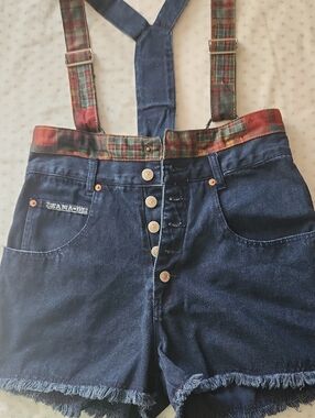 Zana Di High-Waist Navy Denim Button Fly Shorts with Plaid Suspenders Size 9/10